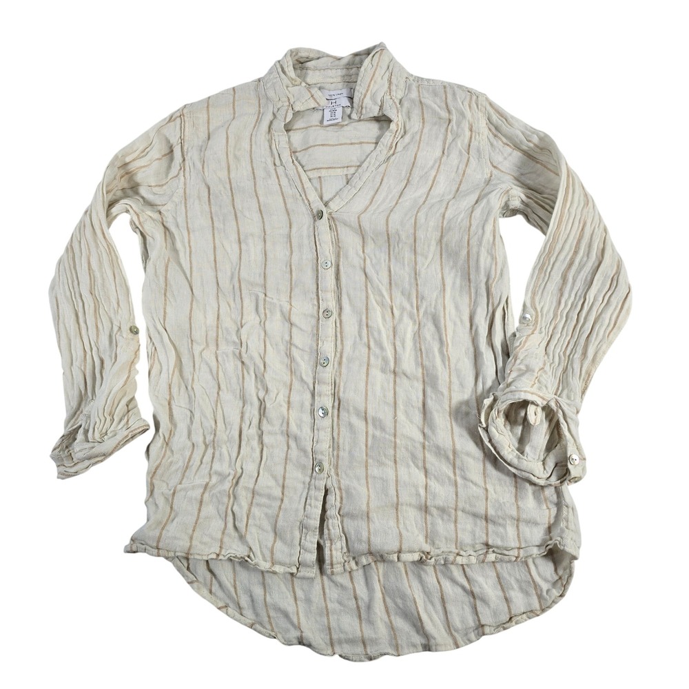 Halston Linen‎ Stripe Button Down Shirt Women Medium Beige Tan Long Sleeve
